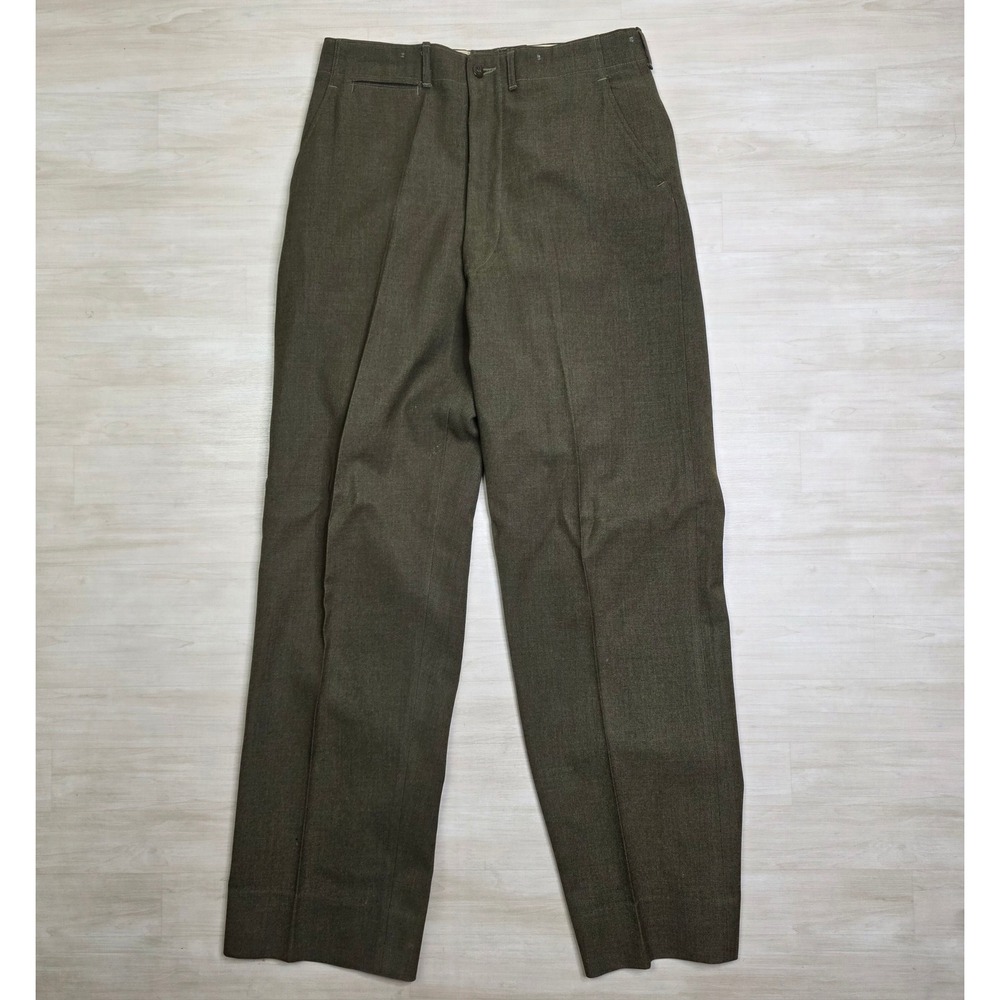 Vintage Military Wool Trousers Olive Drab High Waisted Button Fly Pants 32 x 33